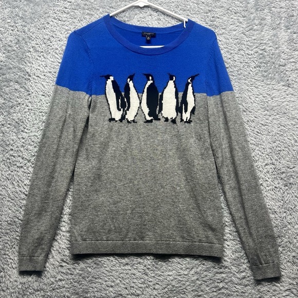 Talbots Sweaters - Talbots Sweater Womens‎ Petite Medium PM Blue Gray Penquins Lambswool Blend
